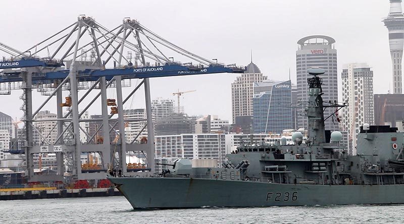 The Royal Navy's Duke-class frigate HMS Montrose departs Auckland, New Zealand after a five-day visit. Photo and video by Mike Millett, AirflowNZ.