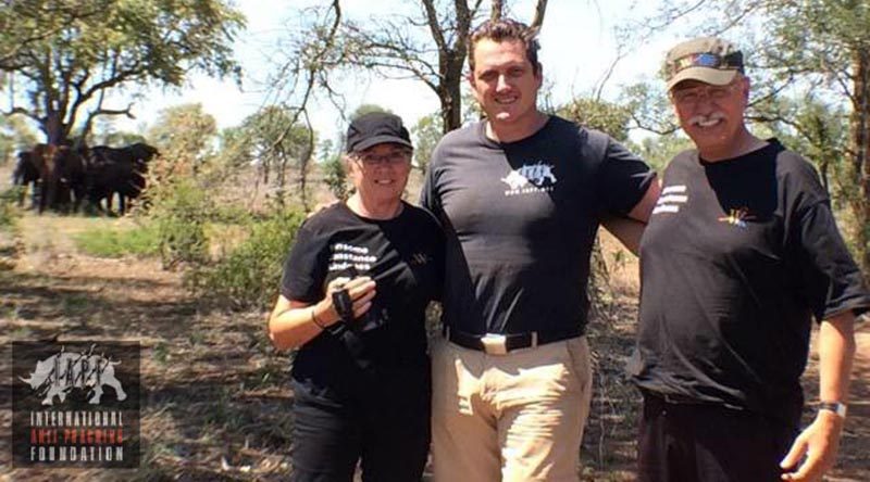 Damien Mander with Trix and Phil Wollen in Africa. IAPF photo.