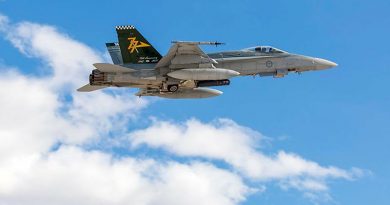 A Royal Australian Air Force Number 77 Squadron F/A-18A Hornet aircraft departs Nellis Air Force Base to participate in an Exercise Red Flag 19-1 mission. Photo by Corporal David Cotton.