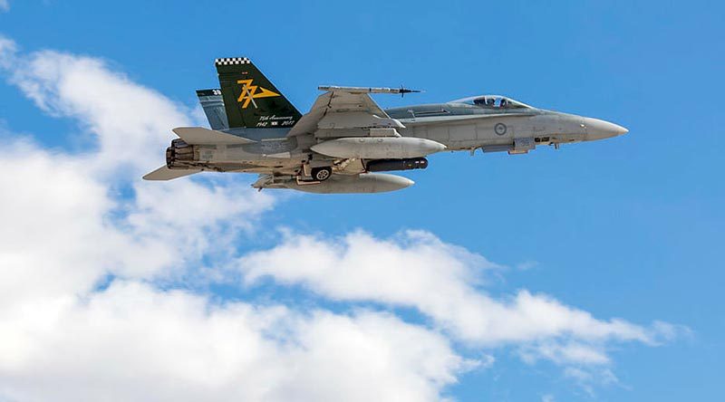 A Royal Australian Air Force Number 77 Squadron F/A-18A Hornet aircraft departs Nellis Air Force Base to participate in an Exercise Red Flag 19-1 mission. Photo by Corporal David Cotton.