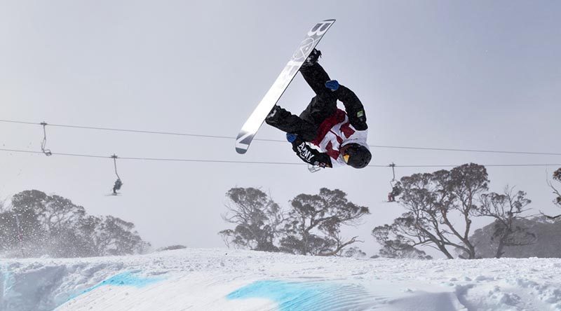 Australian Army Major Alistair Court backflips during the men’s slopestyle final at the Australian Defence International and Interservices Alpine Snow Sports Championships at Mt Perisher, New South Wales. Photo by Corporal Chris Beerens.