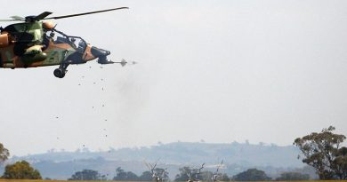 An Australian Army Tiger armed reconnaissance helicopter fires its chin-mounted chain gun during Exercise Chong Ju at the Combined Arms Training Centre at Puckapunyal, Victoria. Photo by Sergeant Brian Hartigan.