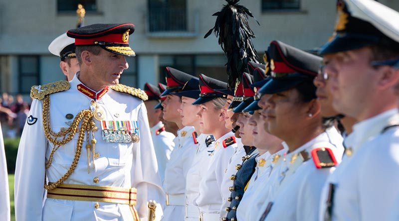 Chief of the Defence Force General Angus Campbell inspects the parade during the 2019 Australian Defence Force Academy Chief of the Defence Force parade. Photo by Michelle Kroll.