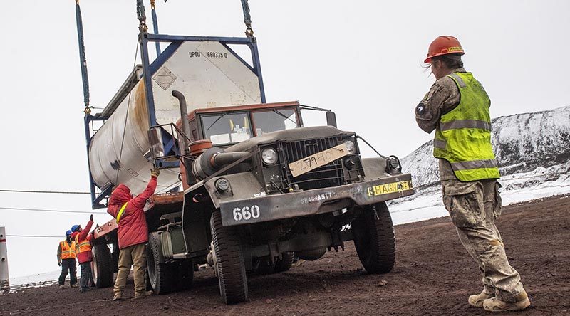 NZDF personnel move cargo containers at McMurdo Station. NZDF photo.