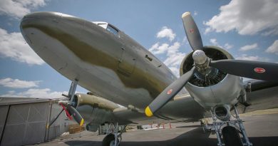 The newly restored A65-86 C-47B Dakota at Amberley Aviation Heritage Centre. Photo by Corporal Jesse Kane.