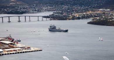 Royal Australian Navy ship HMAS Choules serves as Flag Ship for the 2019 Royal Hobart Regatta in Tasmania's Derwent River. Photo by Petty Officer Justin Brown.