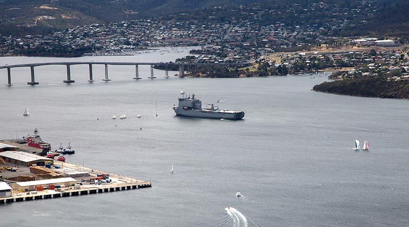 Royal Australian Navy ship HMAS Choules serves as Flag Ship for the 2019 Royal Hobart Regatta in Tasmania's Derwent River. Photo by Petty Officer Justin Brown.