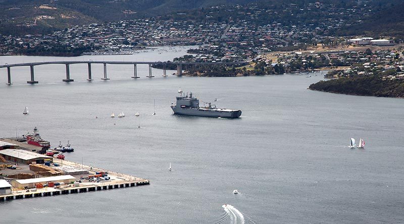 Royal Australian Navy ship HMAS Choules serves as Flag Ship for the 2019 Royal Hobart Regatta in Tasmania's Derwent River. Photo by Petty Officer Justin Brown.