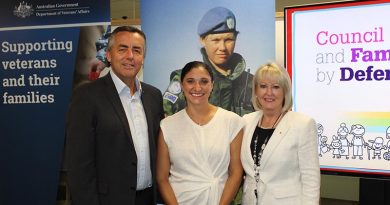 Minister for Veterans’ Affairs Darren Chester, Gwen Cherne and DVA Secretary Liz Cosson.