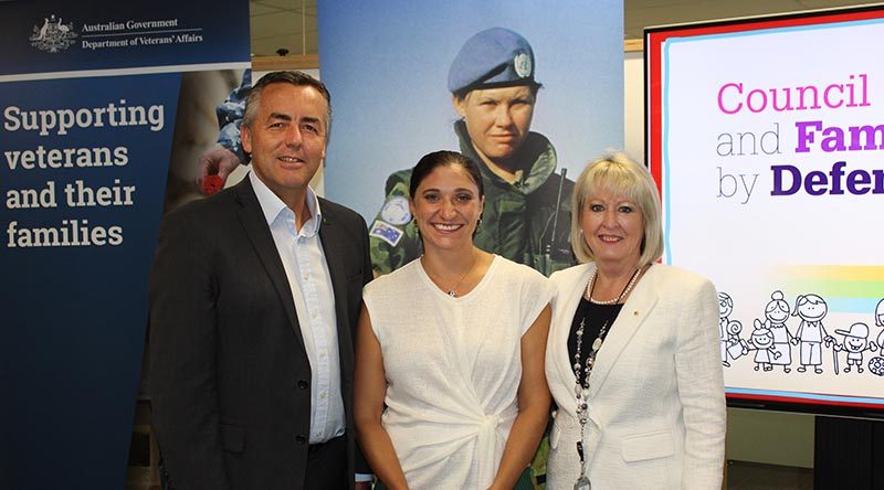 Minister for Veterans’ Affairs Darren Chester, Gwen Cherne and DVA Secretary Liz Cosson.