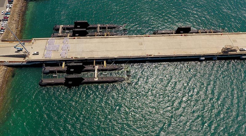 Five submarines alongside Diamantina Pier, Fleet Base West – HMAS Rankin, HMAS Waller, HMAS Farncomb, HMAS Sheean and HMAS Dechaineux. Photo by Lieutenant Ben Durnin.