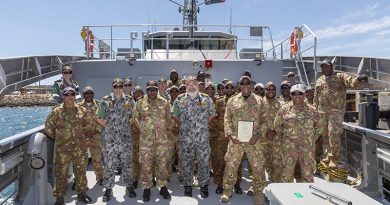 Members of the Royal Australian Navy Sea Training Group with the Papua New Guinea Defence Force Maritime Element ships company of 'Ted Diro' (P401) on completion of the ships sea readiness evaluation at HMAS Stirling in Western Australia. Photo by Able Seaman Christopher Szumlanski.