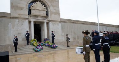 Australia’s Federation Guard catafalque party prepare to dismount during the commemorative service for the centenary of the First World War Armistice, Australian National Memorial, Villers-Bretonneux, France. Photo by Corporal Jake Sims.