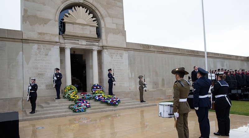 Australia’s Federation Guard catafalque party prepare to dismount during the commemorative service for the centenary of the First World War Armistice, Australian National Memorial, Villers-Bretonneux, France. Photo by Corporal Jake Sims.