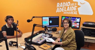 CCPL Ajaay Sureiander, 601 Squadron, AAFC, in the studio of Radio Adelaide 105.1 FM with Helen Meyer, Executive Producer of Service Voices. Photo by Flying Officer (AAFC) Paul Rosenzweig