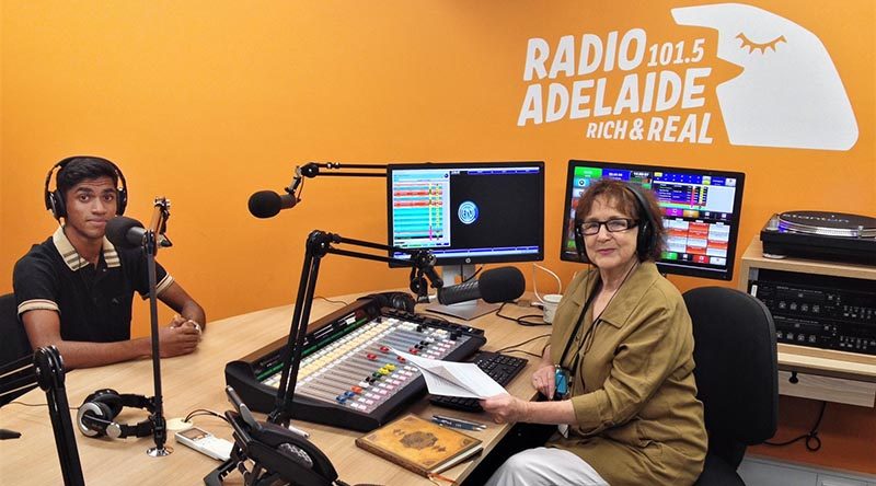 CCPL Ajaay Sureiander, 601 Squadron, AAFC, in the studio of Radio Adelaide 105.1 FM with Helen Meyer, Executive Producer of Service Voices. Photo by Flying Officer (AAFC) Paul Rosenzweig