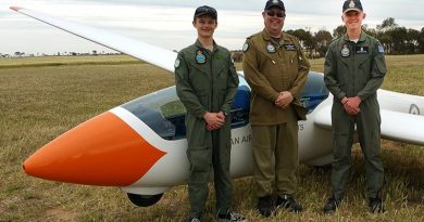 Cadet Corporal Benjamin Dunk (right) after achieving solo status in the DG-1000S glider on 6 October 2017 during a gliding camp at Balaklava, SA; with Cadet Corporal Tomasz Kocimski (left) and their instructor Pilot Officer (AAFC) Dennis Medlow. Photo supplied by No 600 Aviation Training Squadron