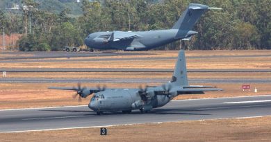 Royal Australian Air Force C-130J Hercules and C-17 Globemaster at RAAF Base Darwin during Exercise Pitch Black 18. Photo by Corporal David Gibbs.