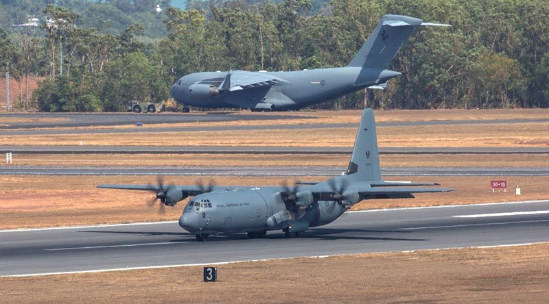 Royal Australian Air Force C-130J Hercules and C-17 Globemaster at RAAF Base Darwin during Exercise Pitch Black 18. Photo by Corporal David Gibbs.