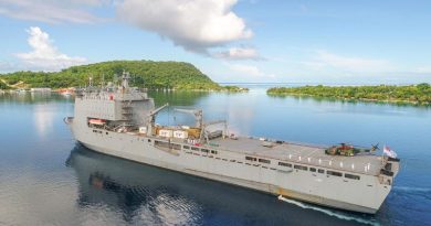 HMAS Choules sails into Port Villa, Vanuatu, during her 2019 month-long Pacific Engagement deployment. Photo by WO2 Mick Davis.