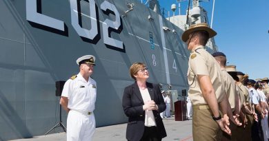 Minister for Defence Industry Linda Reynolds and Commanding Officer HMAS Canberra Captain Ashley Papp inspect members of Joint Task Force 661 before their departure for Indo-Pacific Endeavour 2019. Photo by Leading Seaman Steven Thomson.