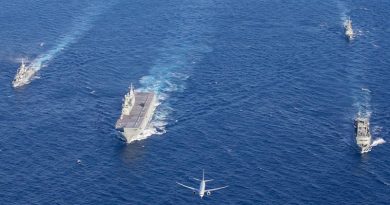 HMAS Ships Parramatta, Canberra, Newcastle and Success in formation with a P-8A Poseidon and a MH60-R helicopter off the Western Australia coast on its way to Sri Lanka and beyond. Photo by Corporal Kylie Gibson.