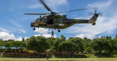 An MRH-90 helicopter from HMAS Choules' demonstrates handling and winching drills during a visit to Vanuatu. Choules will also visit Solomon Islands during her SW-Pacific Regional Engagement deployment. Photo by Petty Officer Justin Brown.