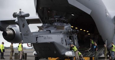 A RNZAF no.3 SQN NH90 helicopter is loaded into a RAAF C-17 Globemaster III, on its way to the Solomon Islands for the first post RAMSI general election on the archipelago. NZDF photo.