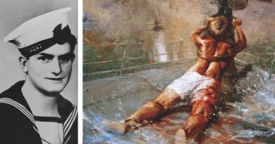 Ordinary Seaman Edward ‘Teddy’ Sheean and a painting depicting his final heroic action. Courtesy Royal Australian Navy.