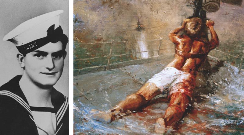 Ordinary Seaman Edward ‘Teddy’ Sheean and a painting depicting his final heroic action. Courtesy Royal Australian Navy.