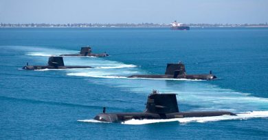 Collins-class submarines HMAS Collins, HMAS Farncomb, HMAS Dechaineux and HMAS Sheean transition through Cockburn Sound, Western Australia. Photo by Lieutenant Chris Prescott.