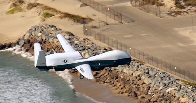 An MQ-4C Triton arrives at Naval Base Ventura County, California, after a flight from Palmdale that was remotely controlled from NAS Pax River. US Navy photo by Public Affairs Specialist Theresa Miller.