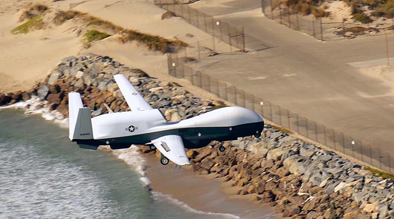 An MQ-4C Triton arrives at Naval Base Ventura County, California, after a flight from Palmdale that was remotely controlled from NAS Pax River. US Navy photo by Public Affairs Specialist Theresa Miller.