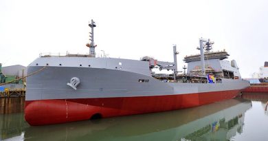 Royal New Zealand Navy's future HMNZS Aotearoa floats free for the first time. RNZDF photo.