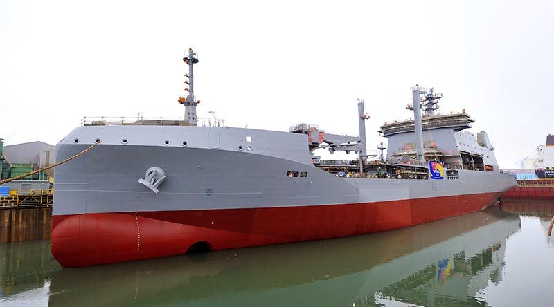 Royal New Zealand Navy's future HMNZS Aotearoa floats free for the first time. RNZDF photo.