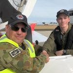 First Tasmanian solo: Cadet Warrant Officer Artyom Keddie (507 Squadron) is congratulated by SQNLDR (AAFC) Scott Wiggins after completing his first solo flight on 18 April. Photo supplied by SQNLDR (AAFC) Scott Wiggins.