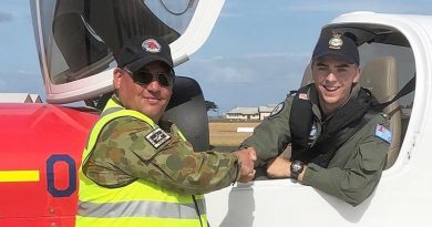 First SA solo: CCPL Max Ramm is congratulated by SQNLDR (AAFC) Scott Wiggins following his first solo flight – and the first South Australian Cadet to fly solo in the AAFC's new DA40 NG. Photo by SQNLDR (AAFC) Nicolaas Robbertse.