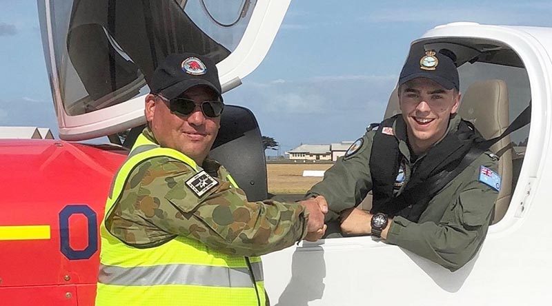 First SA solo: CCPL Max Ramm is congratulated by SQNLDR (AAFC) Scott Wiggins following his first solo flight – and the first South Australian Cadet to fly solo in the AAFC's new DA40 NG. Photo by SQNLDR (AAFC) Nicolaas Robbertse.