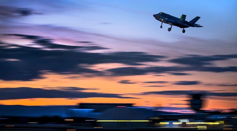 An F-35A Joint Strike Fighter conducts night operations at RAAF Base Richmond. Photo by Sergeant Christopher Dickson.