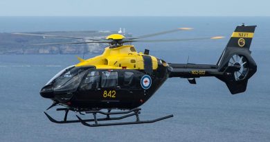 An Airbus Helicopters EC135T2+ over Jervis Bay – just one element of the ADF's Helicopter Aircrew Training System – HATS. Photo by Petty Officer Kelvin Hockey.