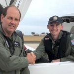 CSGT Lachlan Davis (428 Squadron) is congratulated by WGCDR (AAFC) Stephen Pepper, Officer Commanding Aviation Operations Wing, after completing his first solo flight on 18 April. Photo by SQNLDR (AAFC) Scott Wiggins.