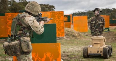 A British Army soldier engages a Marathon Targets robotic target during a close-quarter-engagement match at AASAM 2016. Photo by Sergeant Janine Fabre.