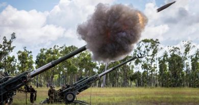 A SMArt 155 munition is fired from an Australian Army M777 howitzer, from 107 Battery, 4th Regiment, Royal Australian Artillery, during Exercise Chimera at Shoalwater Bay. Photo by Corporal Kyle Genner.