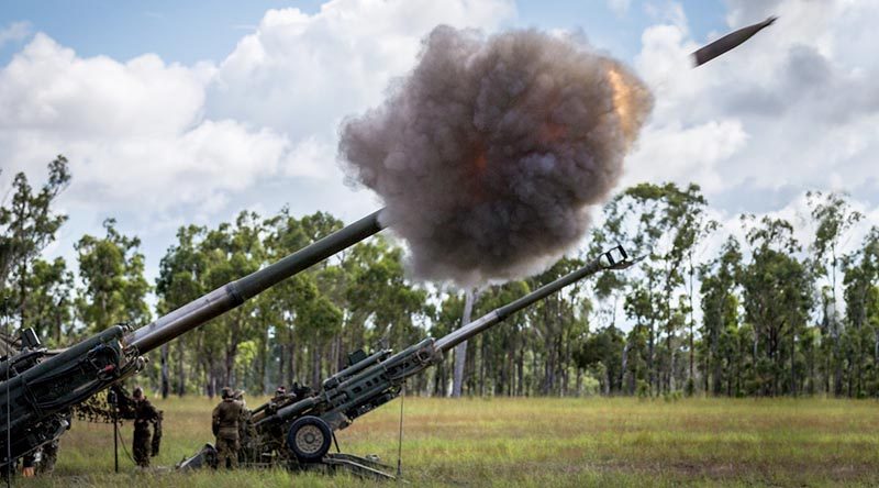 A SMArt 155 munition is fired from an Australian Army M777 howitzer, from 107 Battery, 4th Regiment, Royal Australian Artillery, during Exercise Chimera at Shoalwater Bay. Photo by Corporal Kyle Genner.