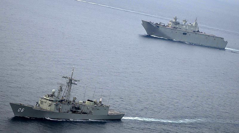 HMA Ships Newcastle and Canberra underway during Indo-Pacific Endeavour 2019. (cropped) Photo by Leading Seaman Kylie Jagiello.