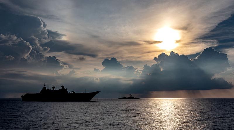 HMA Ships Canberra and Newcastle sail in company during Indo-Pacific Endeavour 2019. Photo by Leading Seaman Christopher Szumlanski.