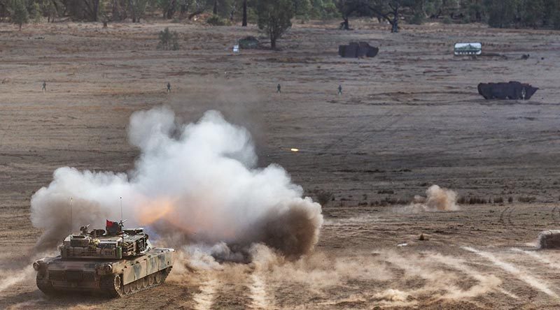 An Australian Army M1 Abrams tank fires its 120mm gun during a combined-arms live-fire activity as part of Exercise Chong Ju 2019 at Puckapunyal Military Training Area, Victoria. Photo by Corporal Kyle Genner.