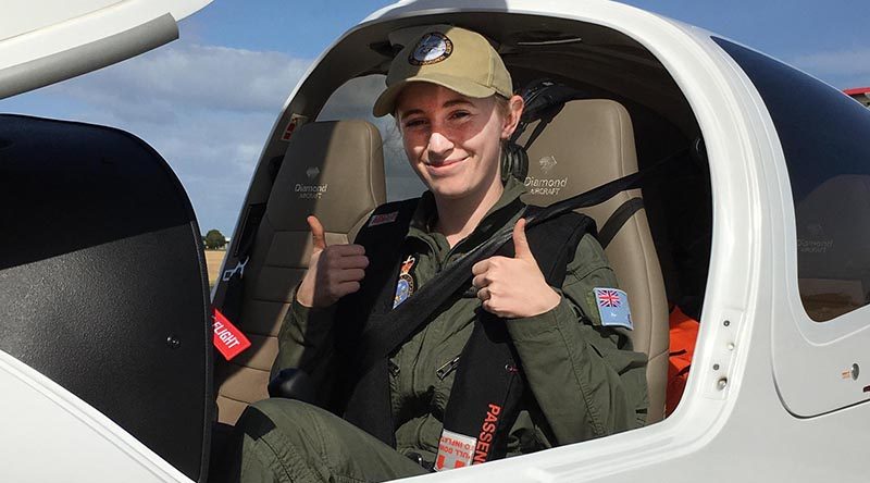 CCPL Brianna Haunold, 710 Squadron AAFC, after becoming the first 7 Wing Cadet to go solo in the new Diamond DA40 NG. Photo by SQNLDR (AAFC) Scott Wiggins.