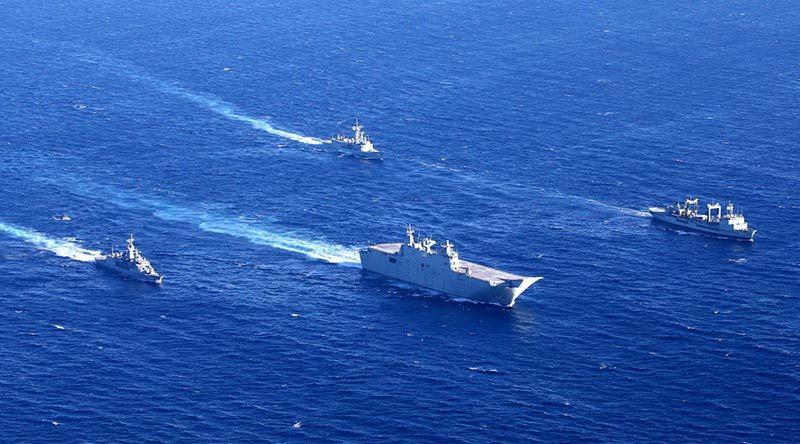 HMAS Ships Parramatta, Newcastle, Canberra and Success in formation during Indo-Pacific Endeavour 2019. Photo by Corporal Kylie Gibson.