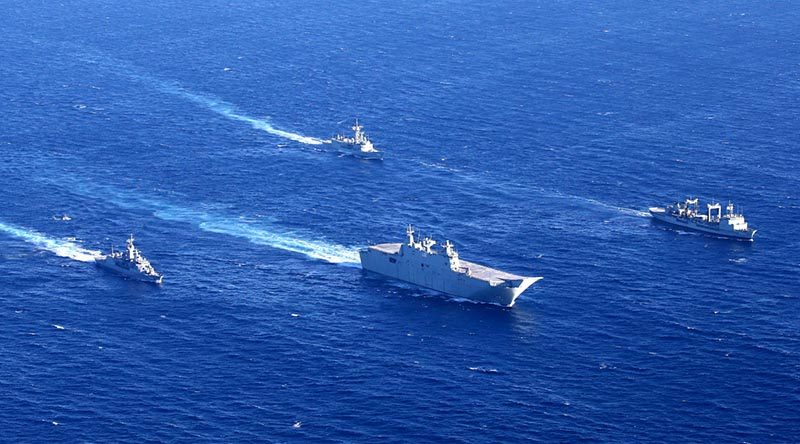 HMAS Ships Parramatta, Newcastle, Canberra and Success in formation during Indo-Pacific Endeavour 2019. Photo by Corporal Kylie Gibson.